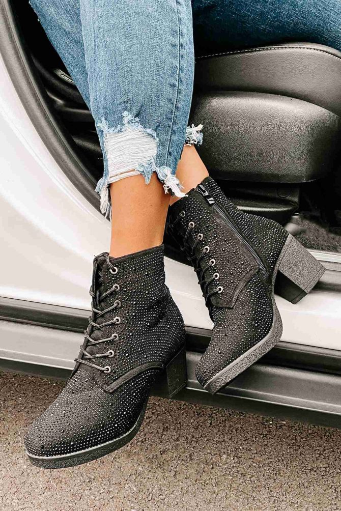 Born For This Lace-Up Rhinestone Booties (Black) · NanaMacs - Image 2