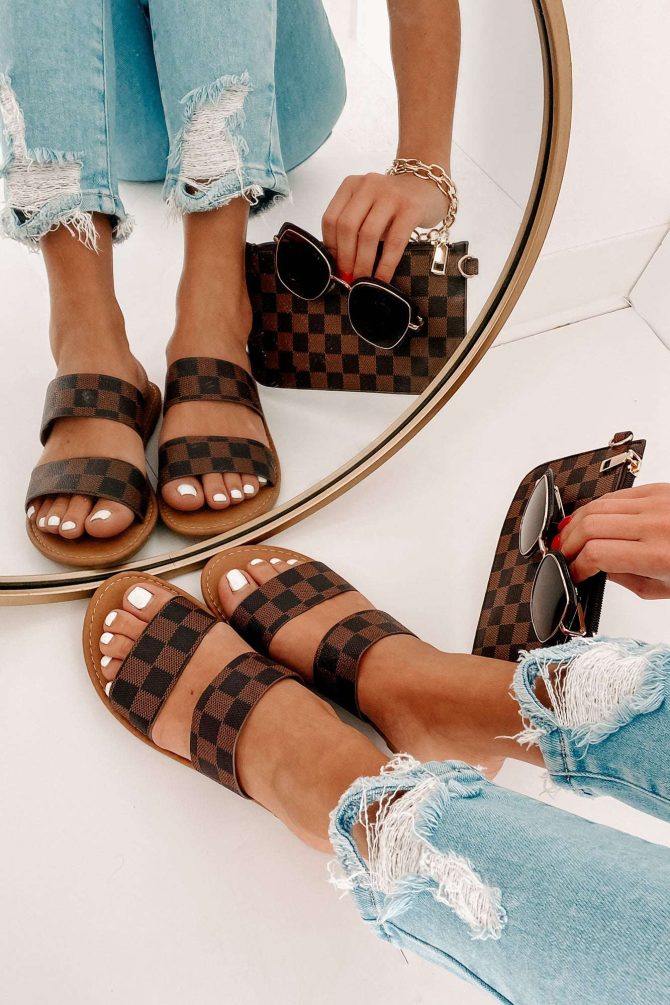 Trendy Traditions Checkered Print Double Strap Sandals (Brown) · NanaMacs