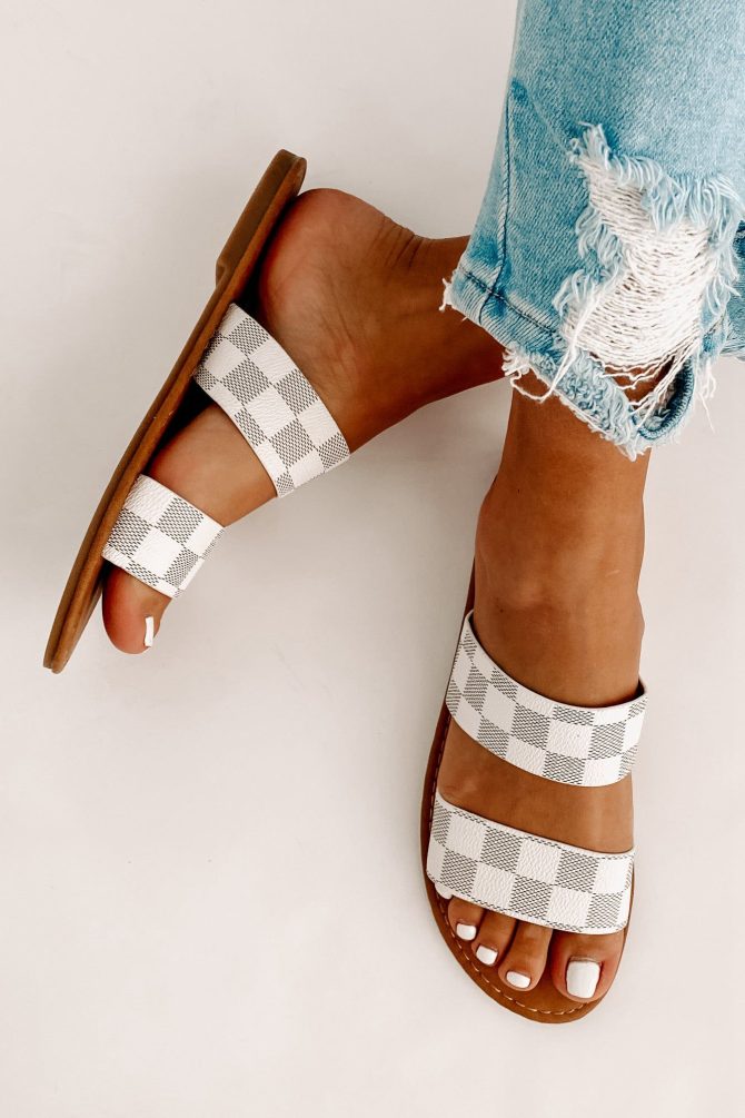 Trendy Traditions Checkered Print Double Strap Sandals (White) · NanaMacs - Image 3