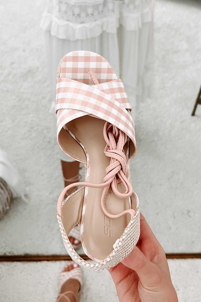 So Sweet Gingham Ankle Tie Wedge (Peach/White) · NanaMacs - Image 2