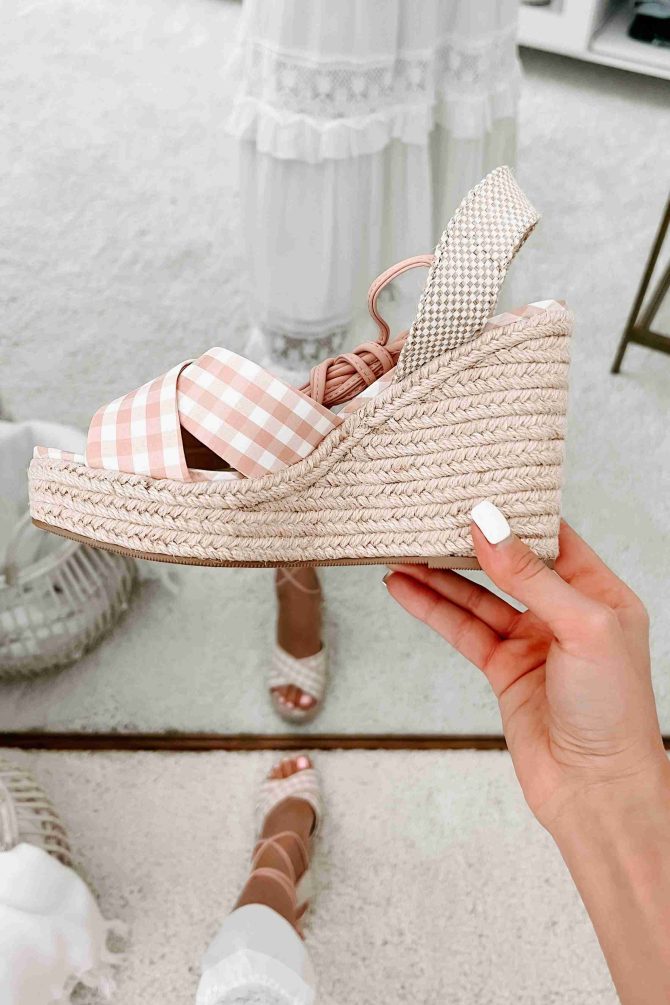 So Sweet Gingham Ankle Tie Wedge (Peach/White) · NanaMacs - Image 3