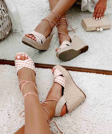So Sweet Gingham Ankle Tie Wedge (Peach/White) · NanaMacs