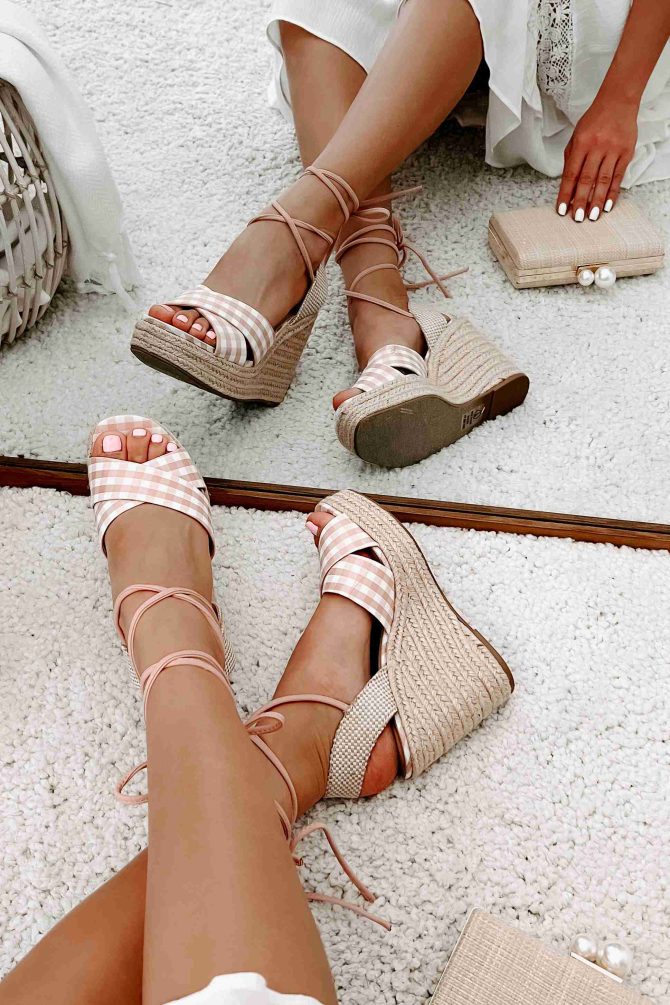 So Sweet Gingham Ankle Tie Wedge (Peach/White) · NanaMacs