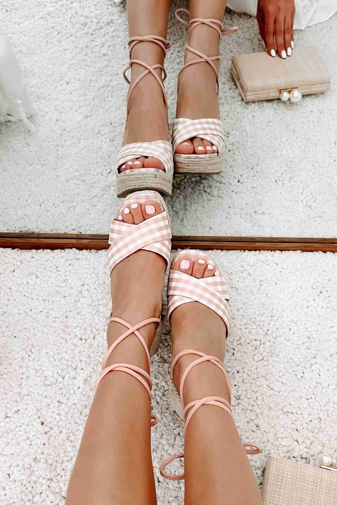So Sweet Gingham Ankle Tie Wedge (Peach/White) · NanaMacs - Image 4