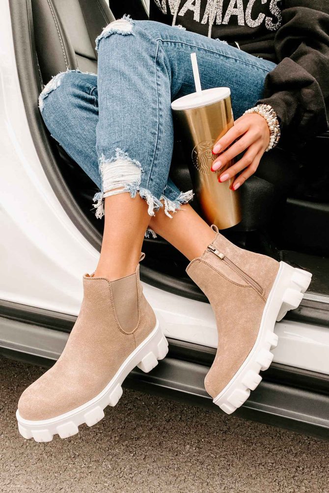 New Paths Faux Suede Chunky Sole Booties (Taupe) · NanaMacs