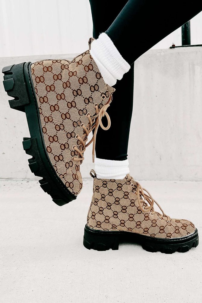 Can You Blame Me Printed Lace-Up Lug Sole Booties (Taupe) · NanaMacs - Image 4