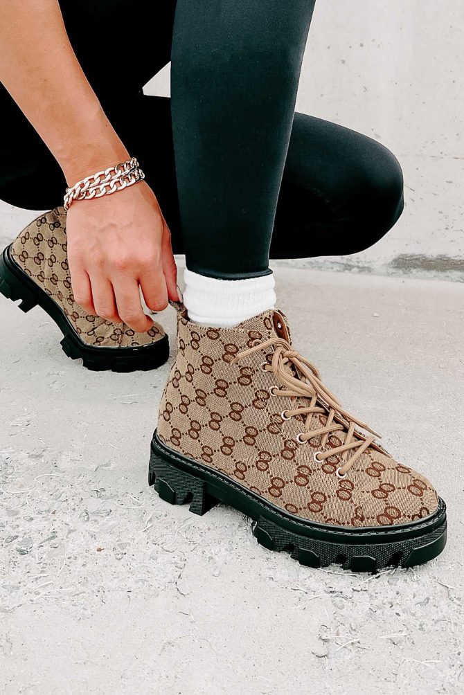 Can You Blame Me Printed Lace-Up Lug Sole Booties (Taupe) · NanaMacs - Image 3