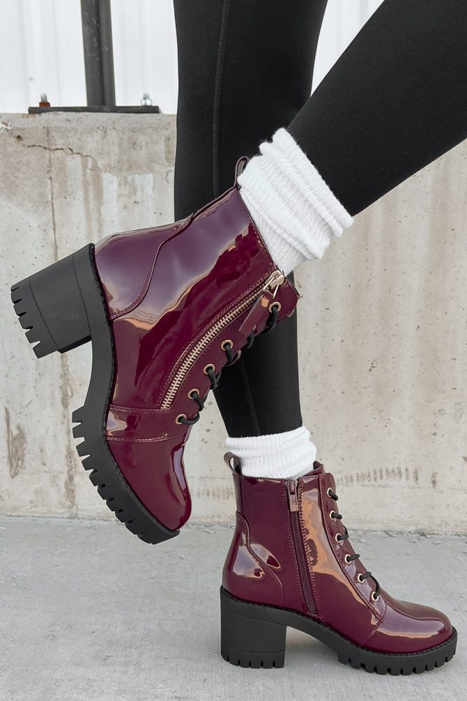 Tougher Than You Lug Sole Patent Leather Combat Booties (Wine) · NanaMacs - Image 2