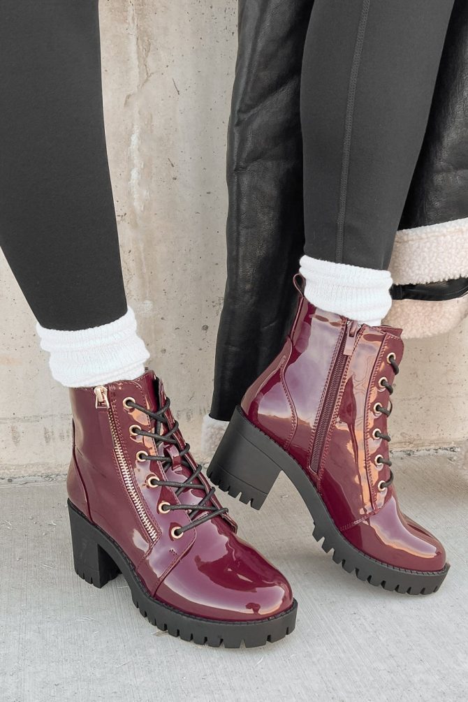 Tougher Than You Lug Sole Patent Leather Combat Booties (Wine) · NanaMacs - Image 3