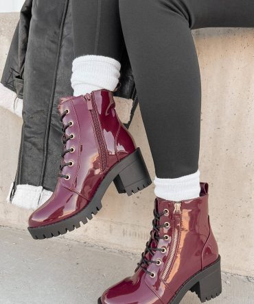 Tougher Than You Lug Sole Patent Leather Combat Booties (Wine) · NanaMacs