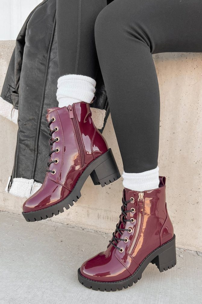 Tougher Than You Lug Sole Patent Leather Combat Booties (Wine) · NanaMacs