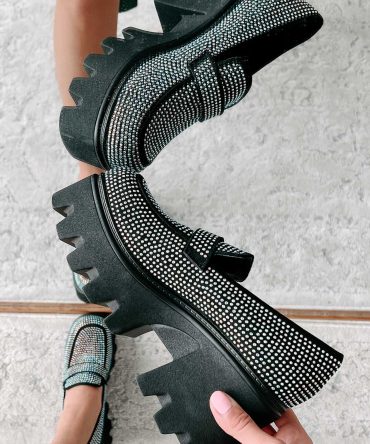 An Intriguing Proposition Rhinestone Platform Loafers (Black) · NanaMacs