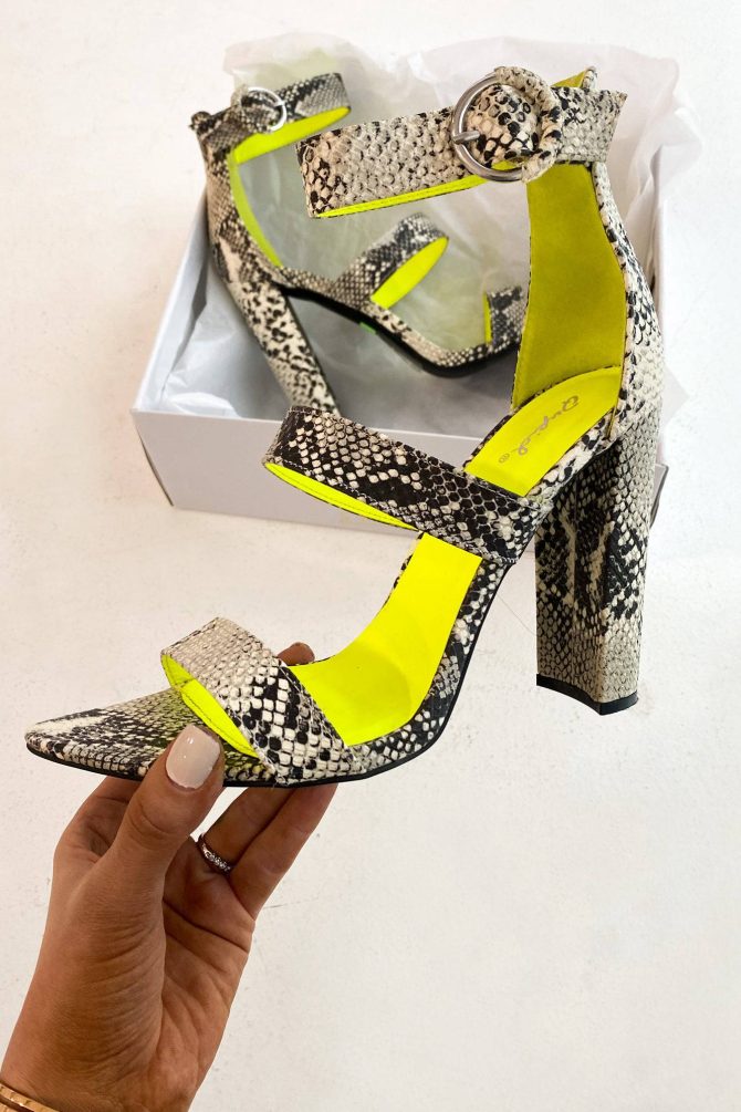Girl Bye Strappy Snake Print Heels (Stone/Black Snake) · NanaMacs