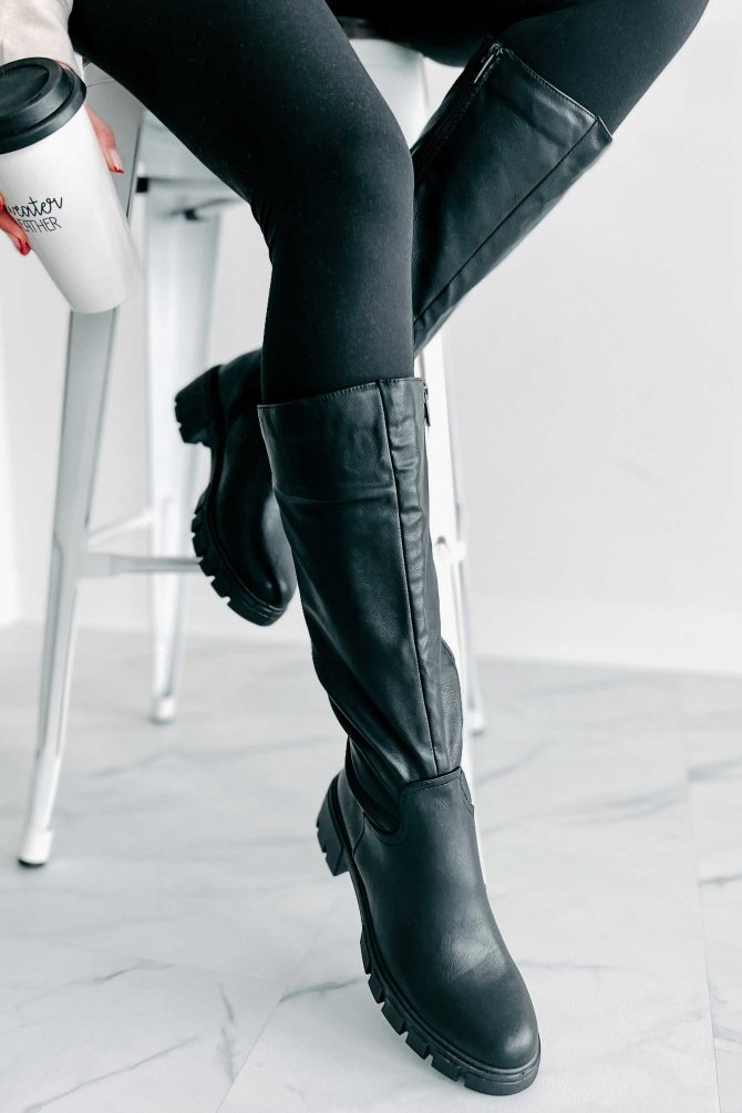 Racing Toward Extinction Knee High Lug Sole Boots (Black) · NanaMacs