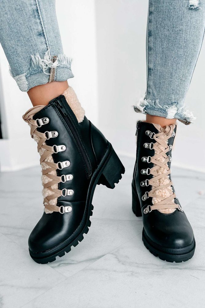 Snow Seeker Sherpa Trim Lace-Up Booties (Black) · NanaMacs - Image 2