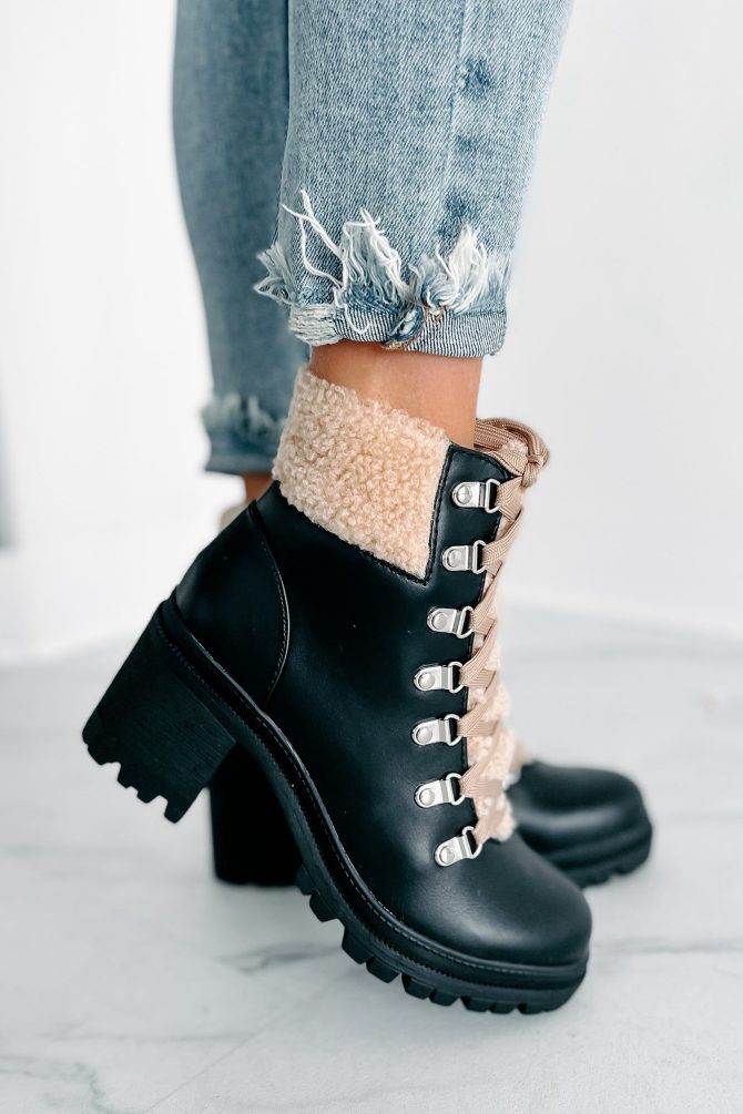 Snow Seeker Sherpa Trim Lace-Up Booties (Black) · NanaMacs - Image 3