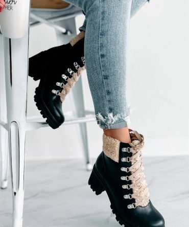 Snow Seeker Sherpa Trim Lace-Up Booties (Black) · NanaMacs