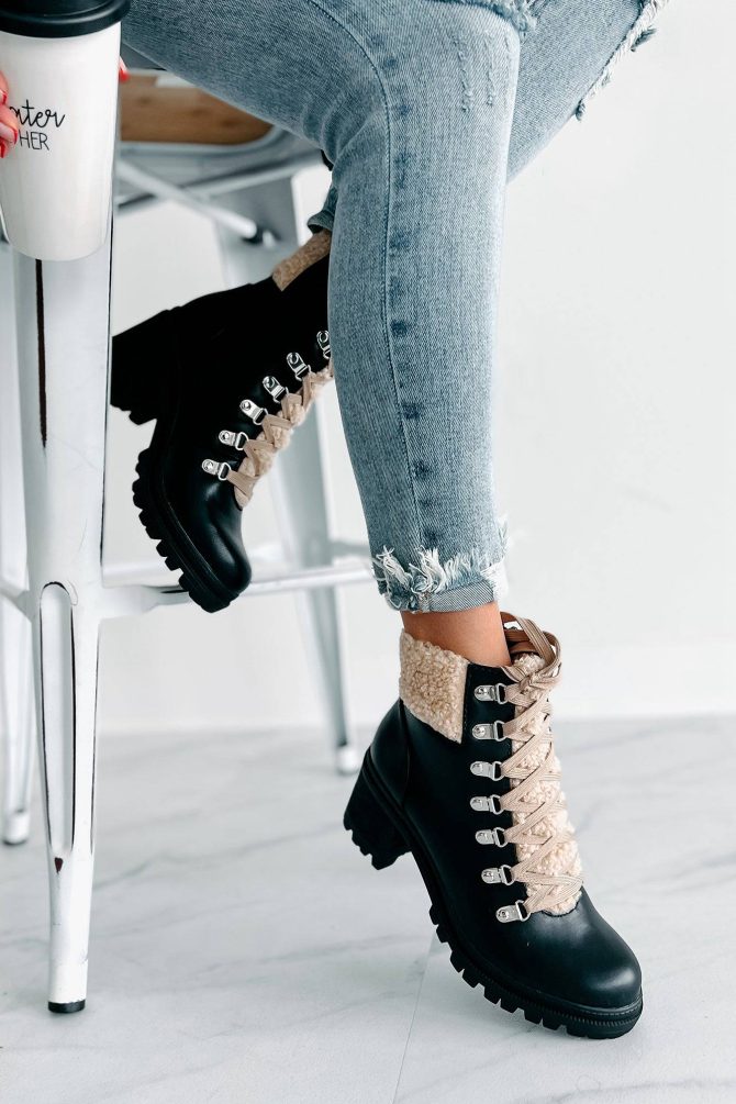 Snow Seeker Sherpa Trim Lace-Up Booties (Black) · NanaMacs