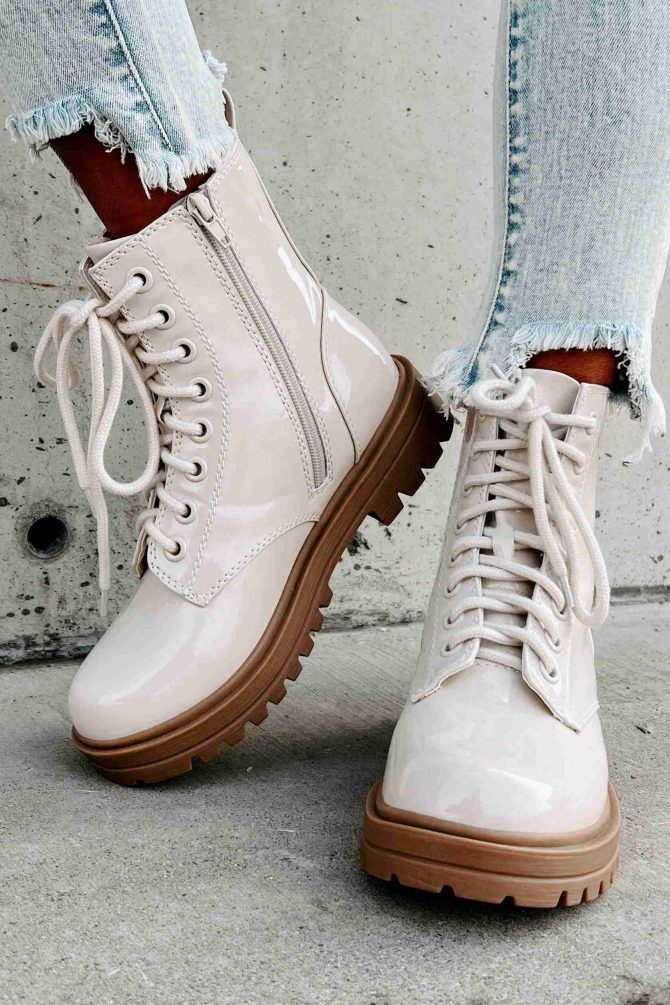 Slick Moves Patent Leather Combat Booties (Bone) · NanaMacs - Image 2