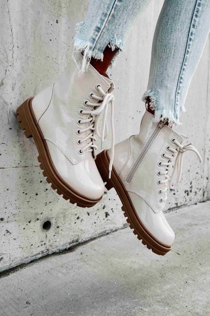 Slick Moves Patent Leather Combat Booties (Bone) · NanaMacs - Image 4