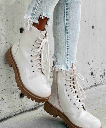 Slick Moves Patent Leather Combat Booties (Bone) · NanaMacs