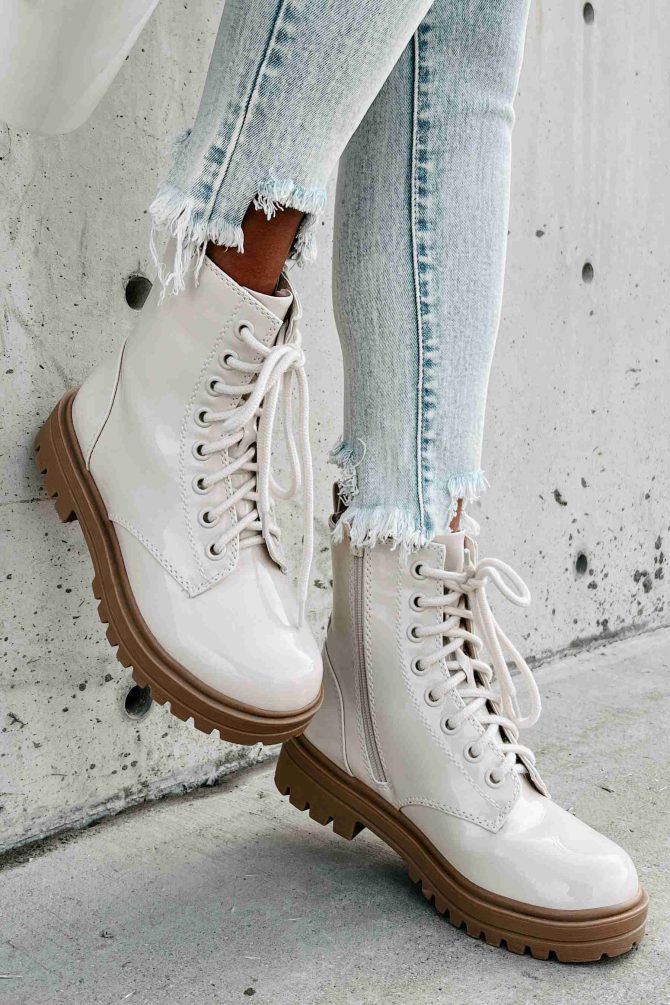 Slick Moves Patent Leather Combat Booties (Bone) · NanaMacs