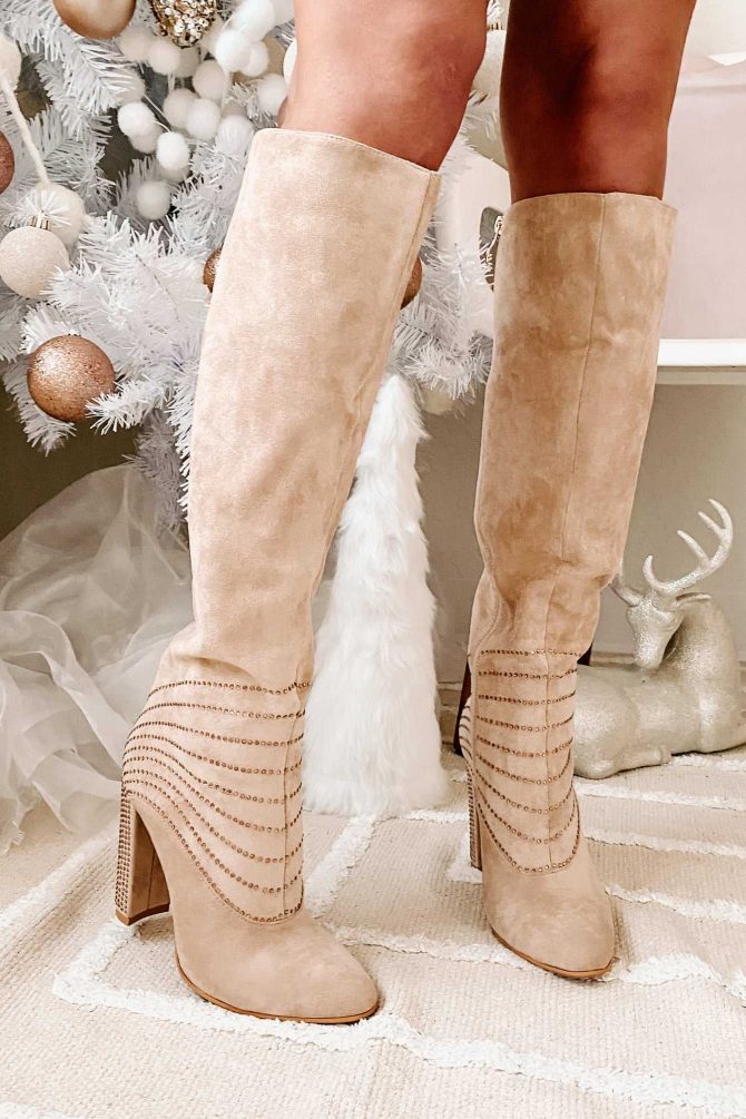 Elegance & Grace Faux Suede Rhinestone Boots (Beige) · NanaMacs