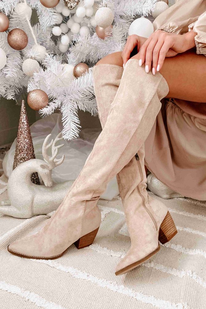 Arisa Faux Suede Over The Knee Boots (Beige) · NanaMacs
