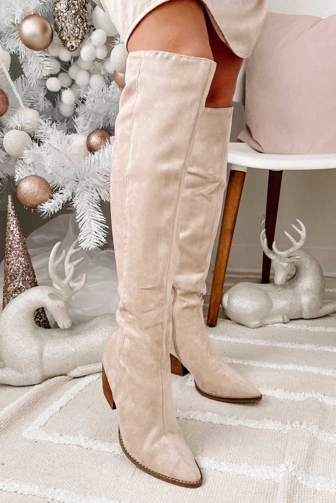 Arisa Faux Suede Over The Knee Boots (Beige) · NanaMacs - Image 3