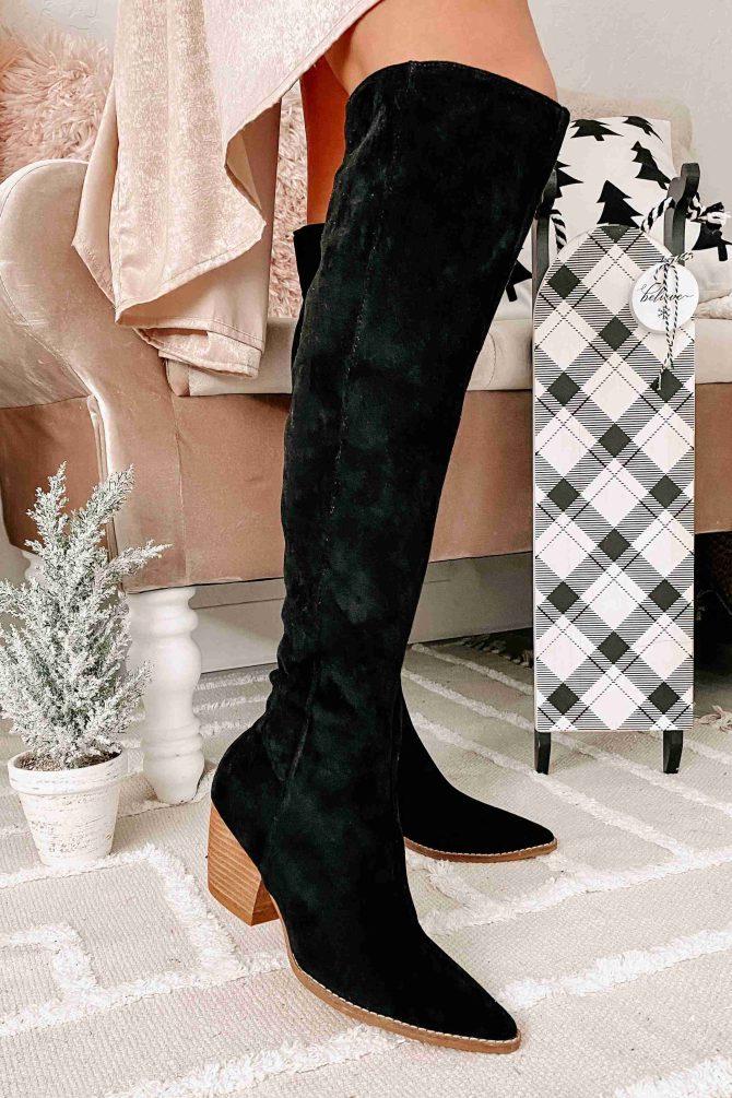Arisa Faux Suede Over The Knee Boots (Black) · NanaMacs - Image 2