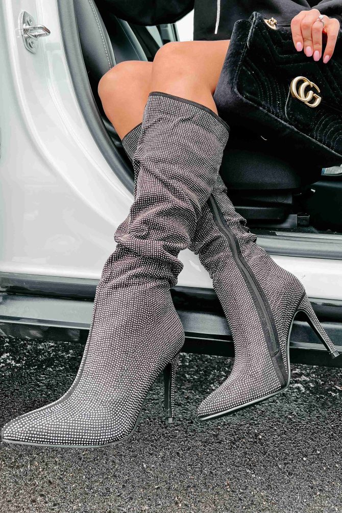 Head Turner Slouchy Rhinestone Boots (Black Rhinestone) · NanaMacs