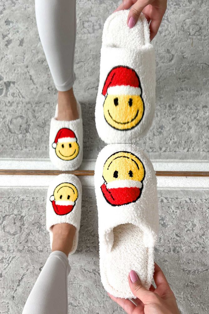 Jolly For The Holidays Fuzzy Santa Smile Slippers (White/Santa) · NanaMacs - Image 4