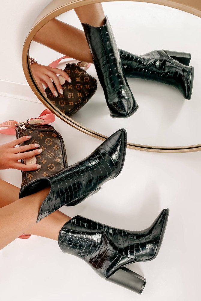 Kick The Dust Up Faux Croc Heeled Booties (Black Croc) · NanaMacs