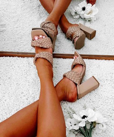 Being Exclusive Braided Strap Square Toe Heeled Sandals (Tan) · NanaMacs