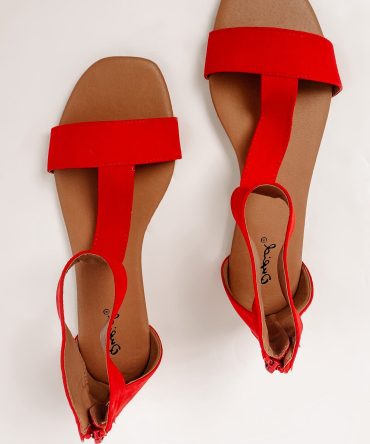 Like A Charm T-Strap Gladiator Sandals With Heel Zipper (Red Suede PU) · NanaMacs