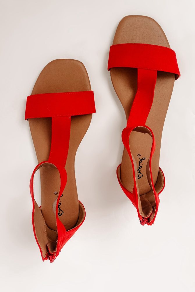 Like A Charm T-Strap Gladiator Sandals With Heel Zipper (Red Suede PU) · NanaMacs