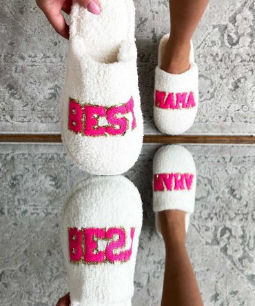 "Best Mama" Sequined Patch "Best Mama" Slippers (White) · NanaMacs
