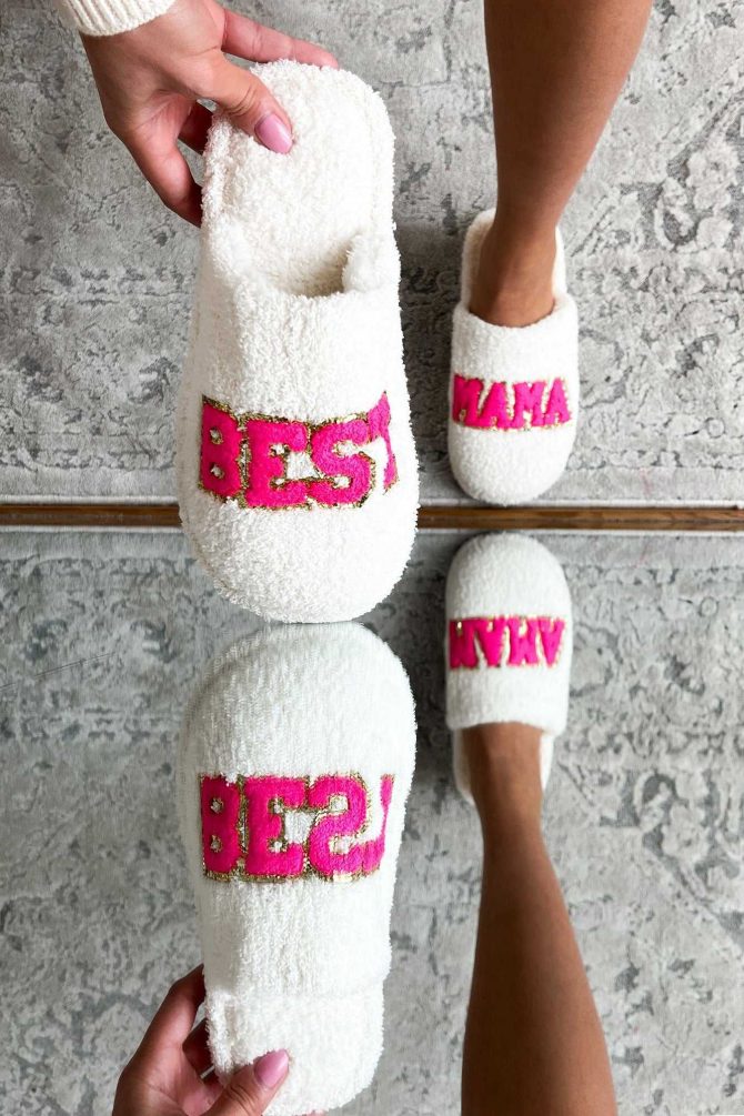 "Best Mama" Sequined Patch "Best Mama" Slippers (White) · NanaMacs