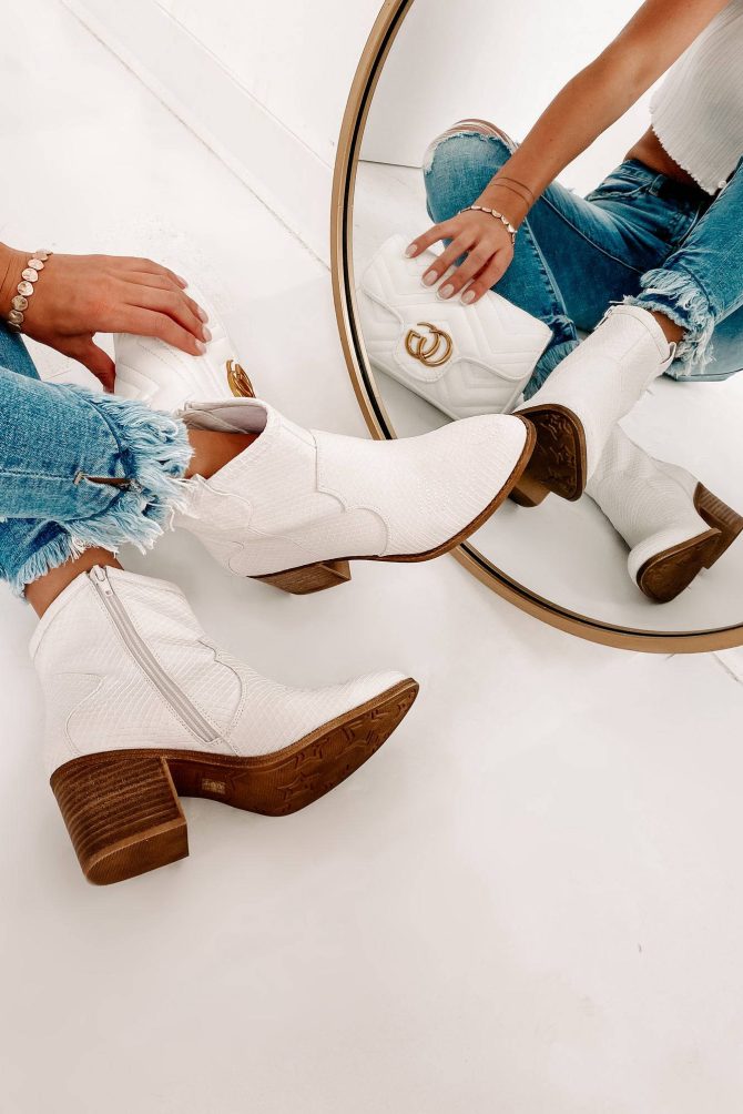 Deceiving Looks Faux Leather Snake Print Booties (Vintage White) · NanaMacs