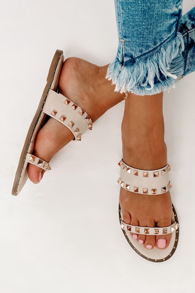 Treasured Finds Studded Faux Leather Sandals (Beige) · NanaMacs - Image 3