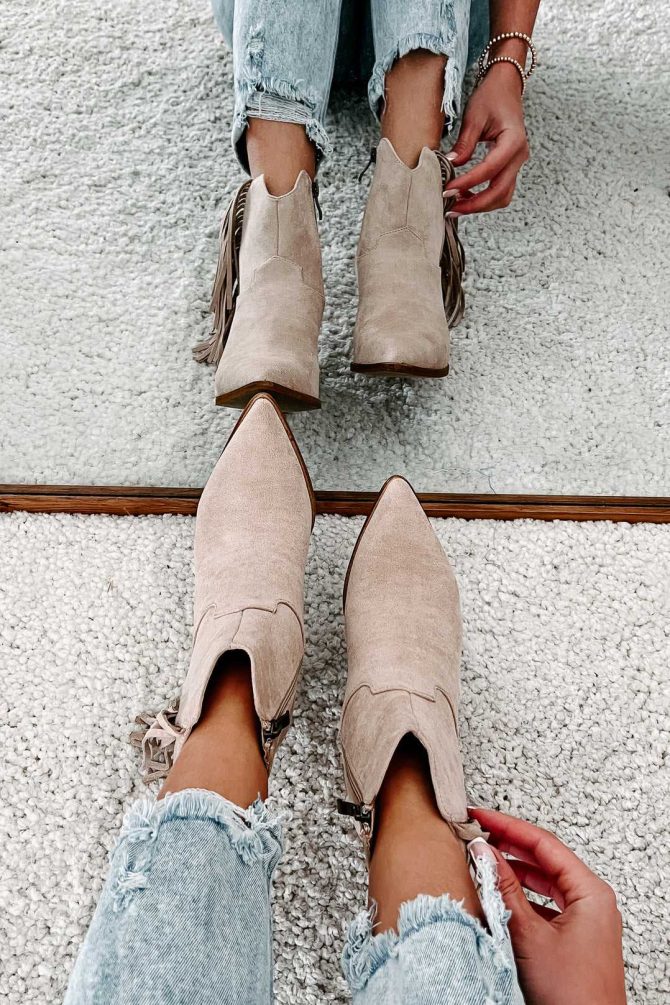 Roaming Town Faux Suede Fringe Bootie (Taupe) · NanaMacs - Image 3