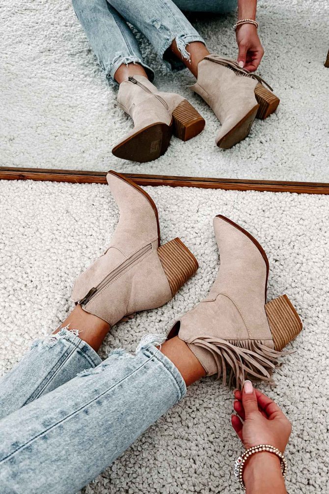 Roaming Town Faux Suede Fringe Bootie (Taupe) · NanaMacs - Image 2