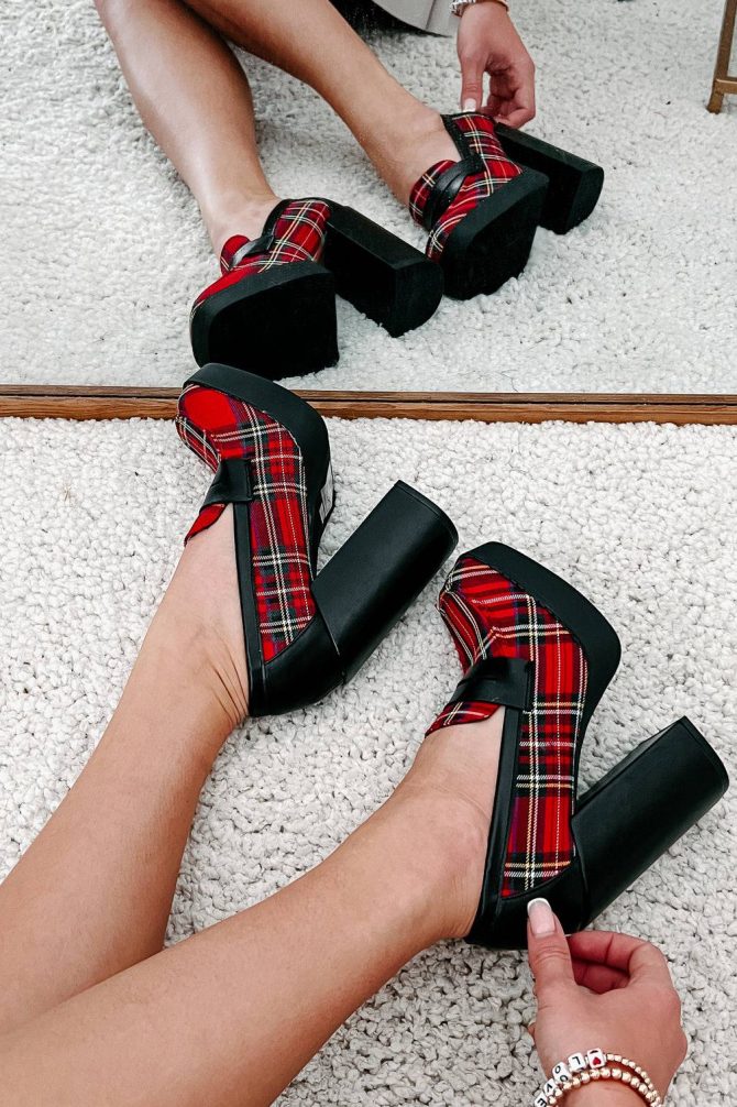 Princeton Prep Heeled Platform Loafers (Red Plaid) · NanaMacs - Image 2