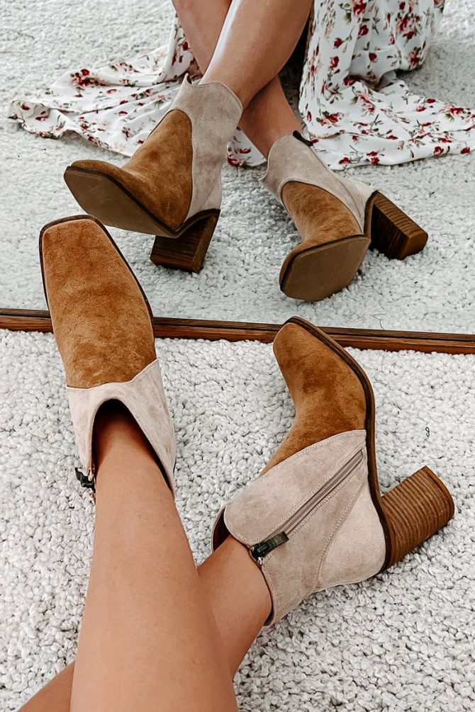 Right Foot Forward Two-Tone Faux Suede Bootie (Taupe) · NanaMacs