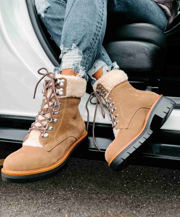 Cyrus Sherpa Cuffed Lace-Up Boots (Taupe) · NanaMacs