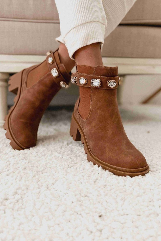 Finished With You Rhinestone Strap Booties (Tan) · NanaMacs - Image 2