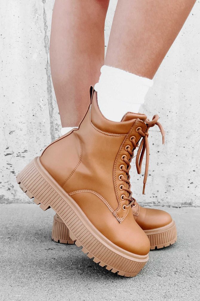Rough Crowd Faux Leather Lug Sole Combat Boots (Tan) · NanaMacs - Image 4