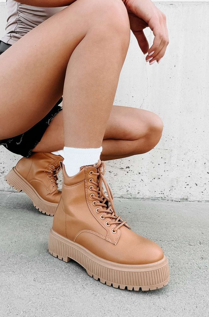 Rough Crowd Faux Leather Lug Sole Combat Boots (Tan) · NanaMacs - Image 2