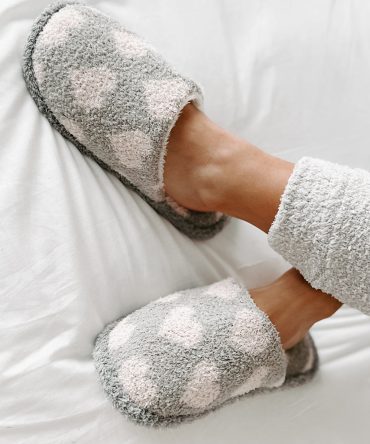 Happiest At Home Fuzzy Heart Print Slippers (Grey) · NanaMacs