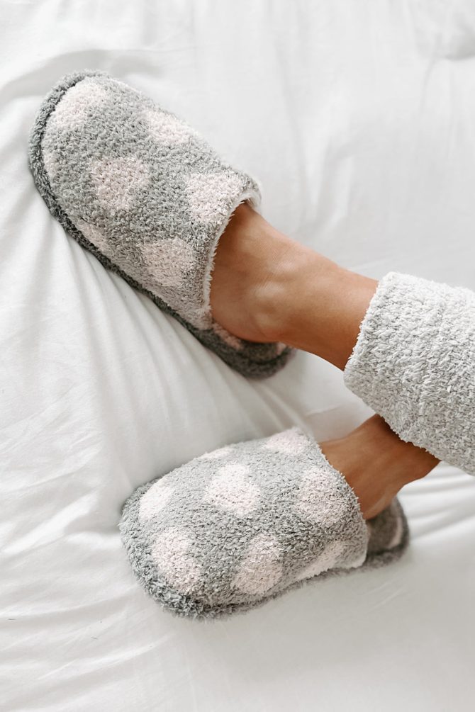 Happiest At Home Fuzzy Heart Print Slippers (Grey) · NanaMacs